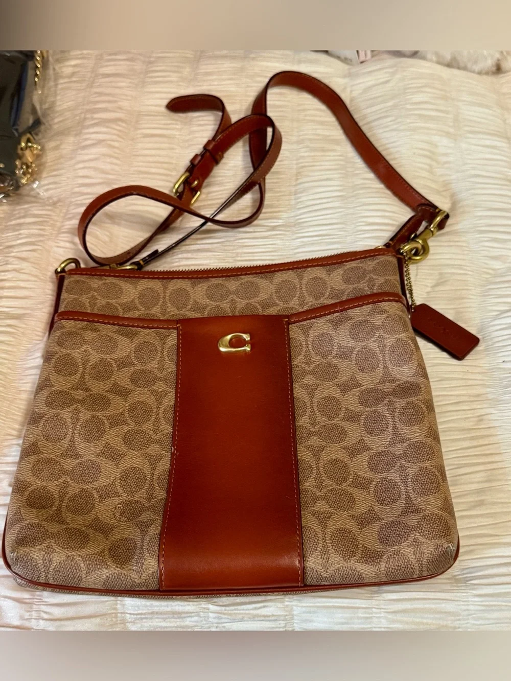 Coach Brown Signature Canvas Crossbody with Leather Trim